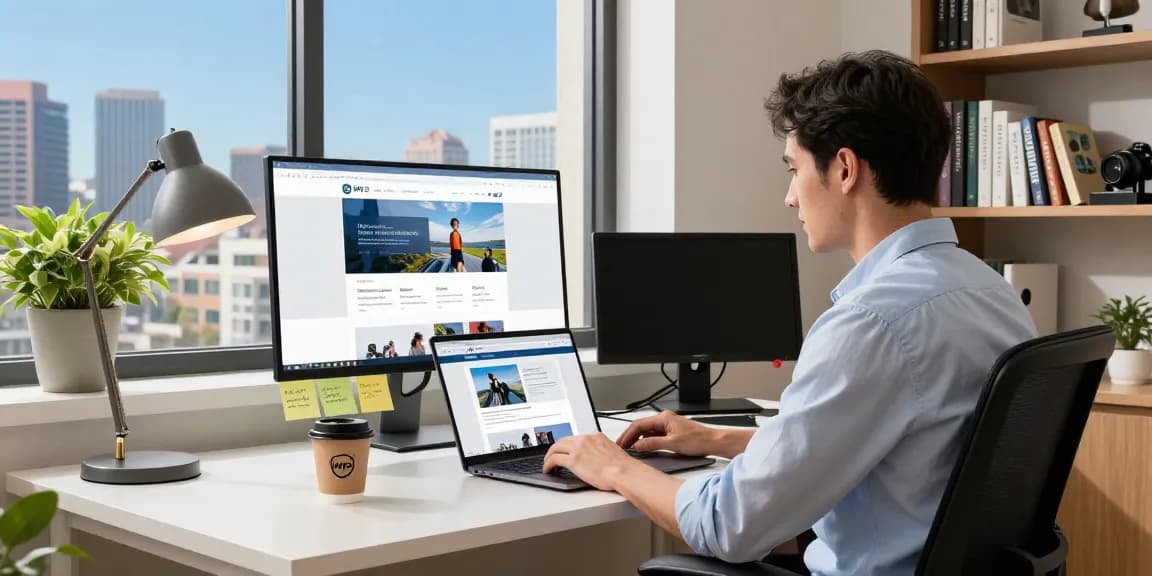 Focused professional using WPS Official Website in a modern home office with city view.