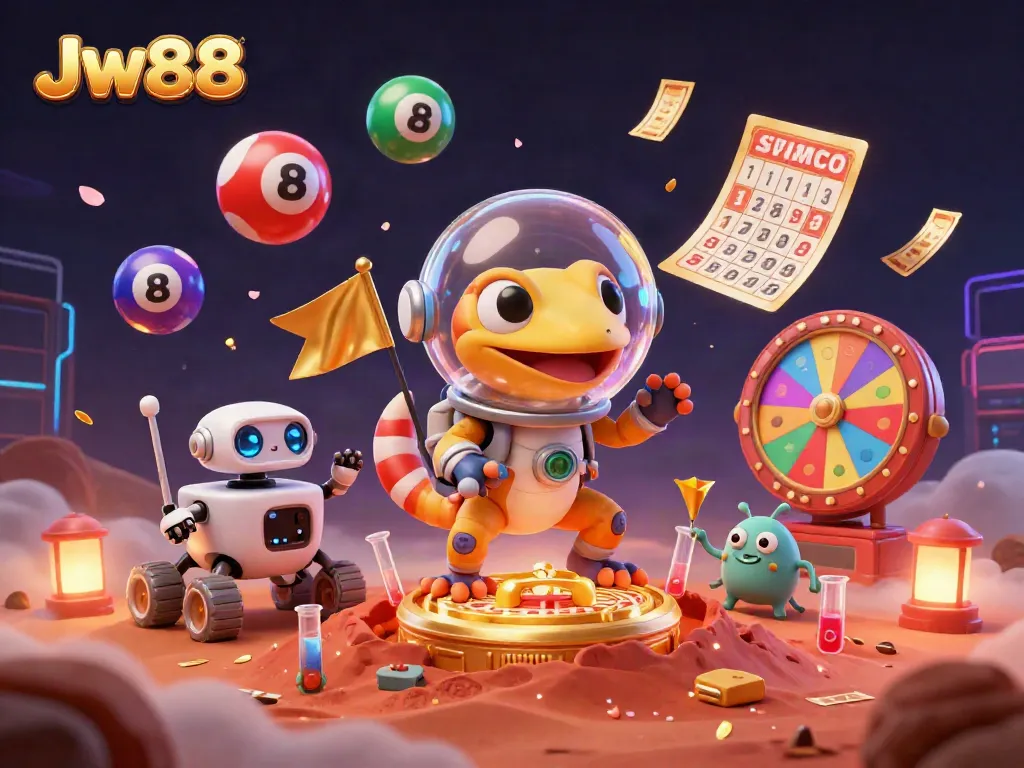Engage with Jw88's vibrant casino adventure featuring a Martian gecko discovering treasures.