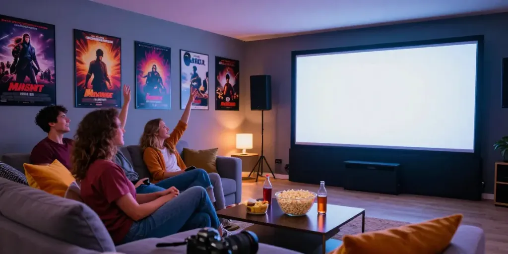 Group enjoying a movie box experience in a cozy home theater.