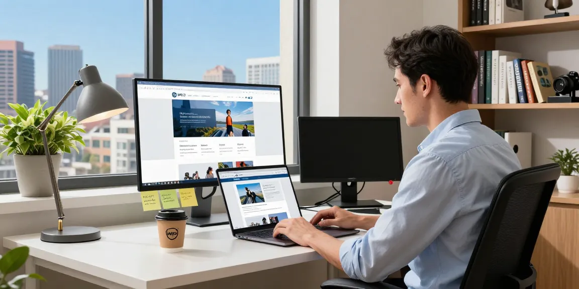 Focused professional using WPS Official Website in a modern home office with city view.