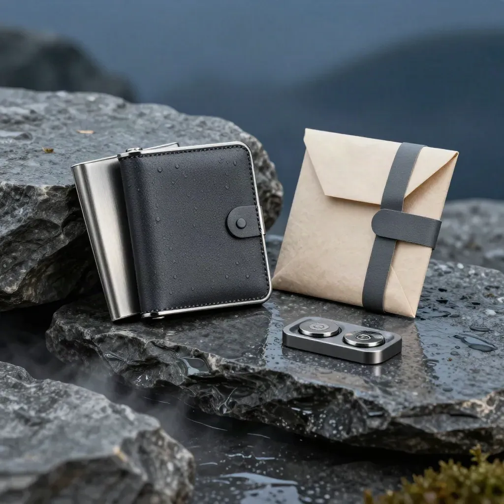 Graphite hardware wallet with steel recovery plates on wet stone at dawn