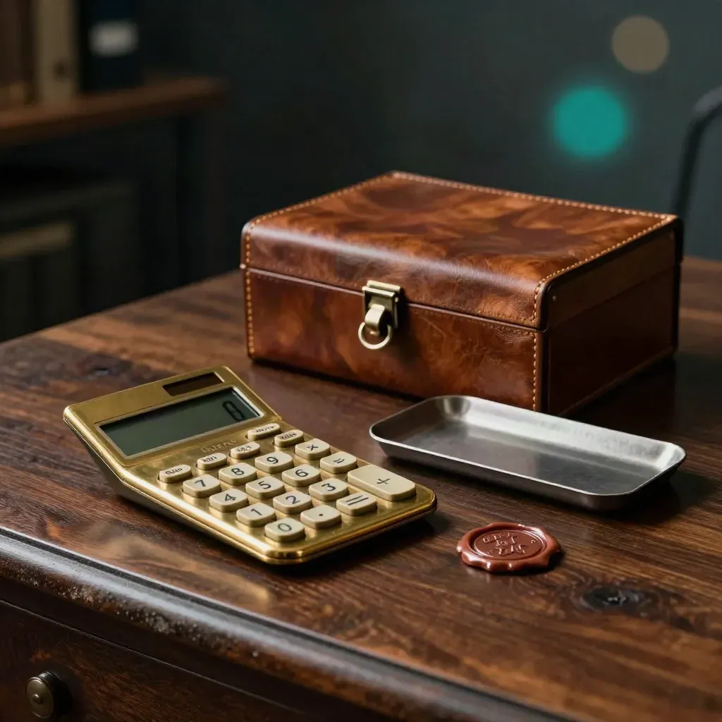 Brass calculator, ledger box, clip tray and audit seal on a walnut desk in moody studio light.