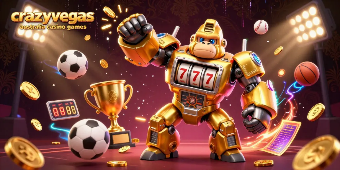 Engage with crazyvegas australia casino games' vibrant 3D illustration depicting an exciting golden gorilla mech and dynamic sports elements.