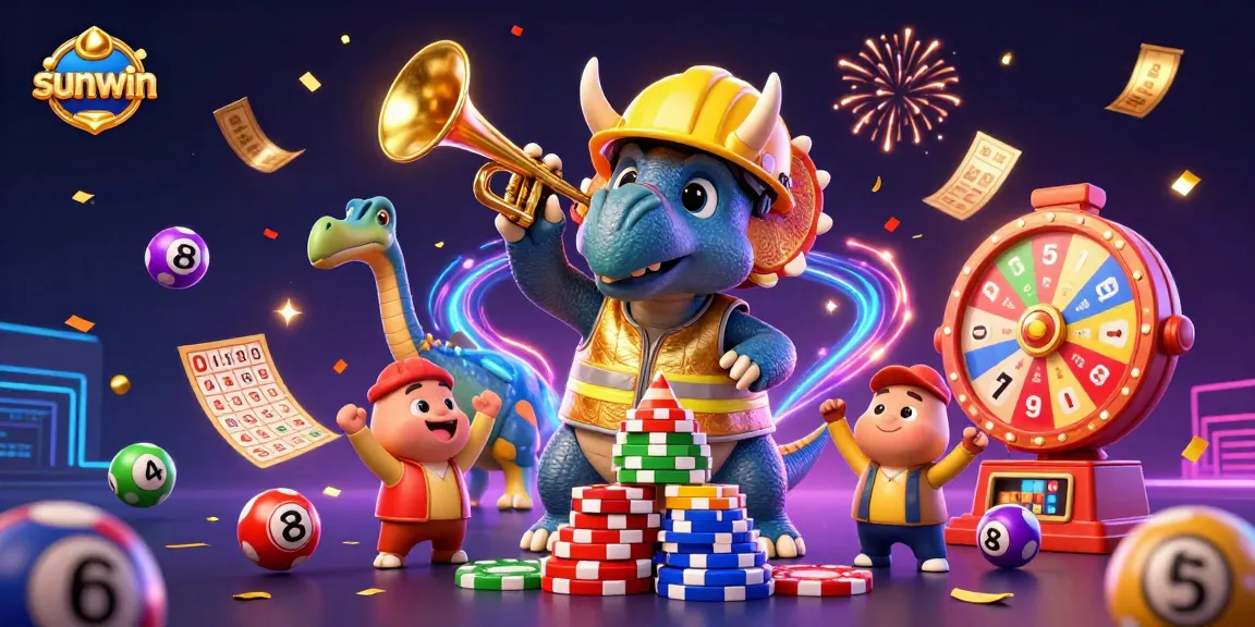 Experience the excitement of sunwin with a vibrant celebration of gaming elements and dinosaurs.