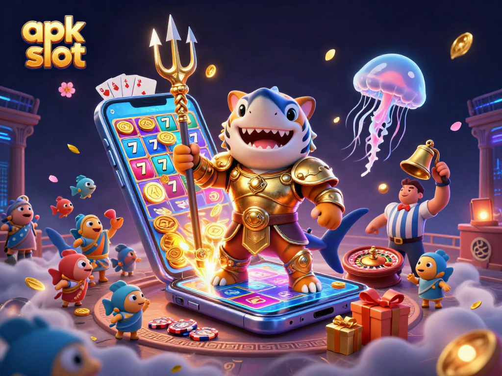 Experience thrilling apk slot action with a cartoon shark gladiator and vibrant game elements in this captivating 3D scene.
