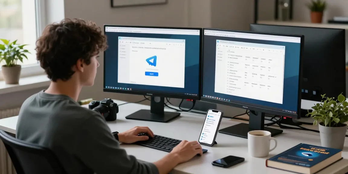 Developer configuring Telegram Chinese language settings on dual monitors in a tech workspace.